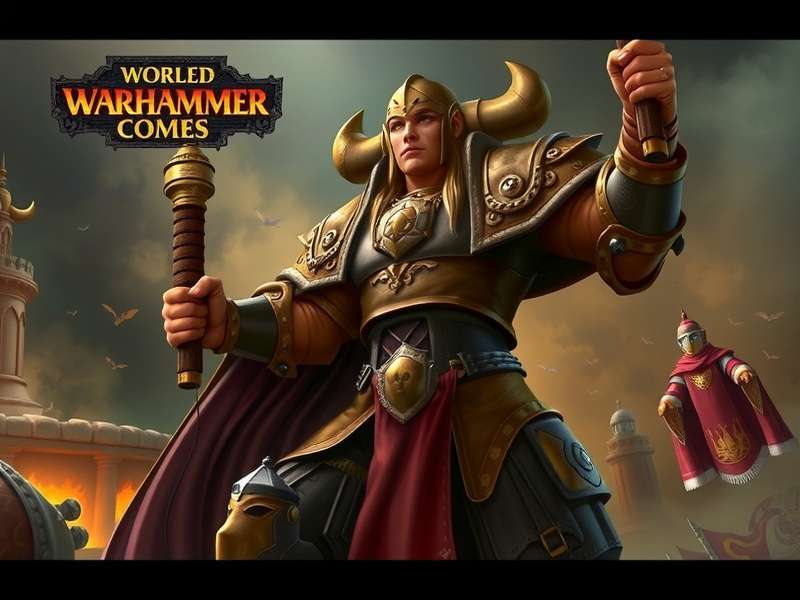 Epic Warhammer battlefield scene with detailed miniatures and dramatic lighting