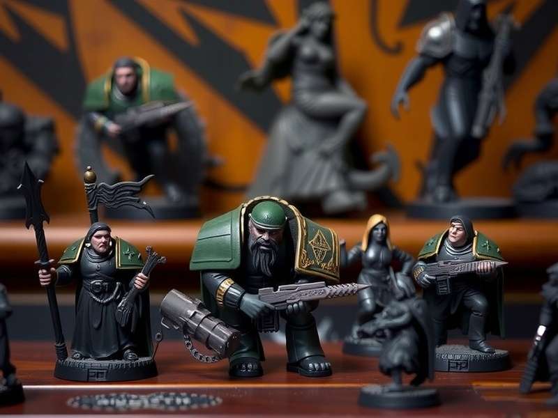 A detailed collection of painted Warhammer 40k Space Marine and Ork figurines on a battlefield terrain