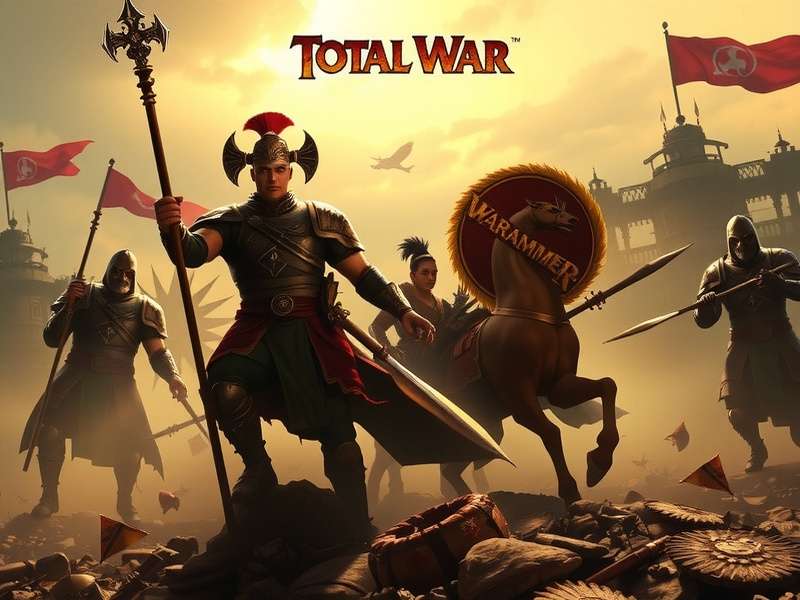 Epic battle scene from Total War: Warhammer showing Empire soldiers clashing with Chaos warriors