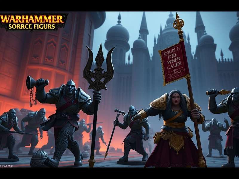 Close-up of a painter's workstation with detailed Warhammer figures, brushes, and paints