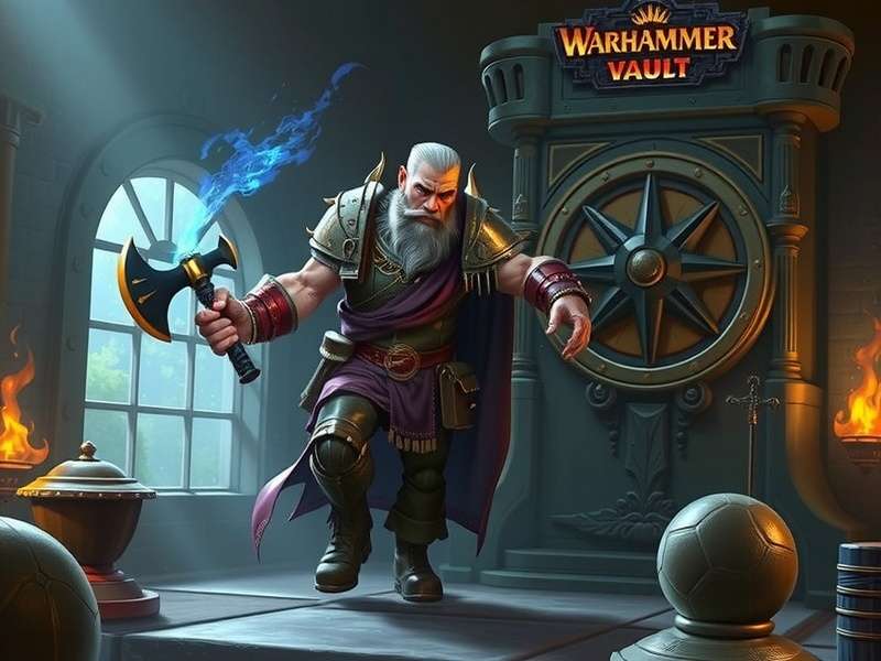 Atmospheric vault interior with glowing relics and tomes, representing the Warhammer Vault