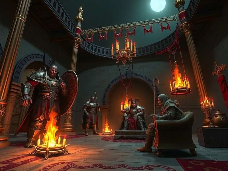 A hidden chamber within a Warhammer game level, showing ancient relics and glowing runes