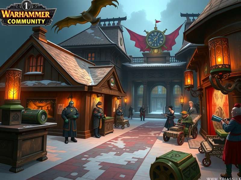 A diverse group of Warhammer hobbyists painting miniatures and playing a game