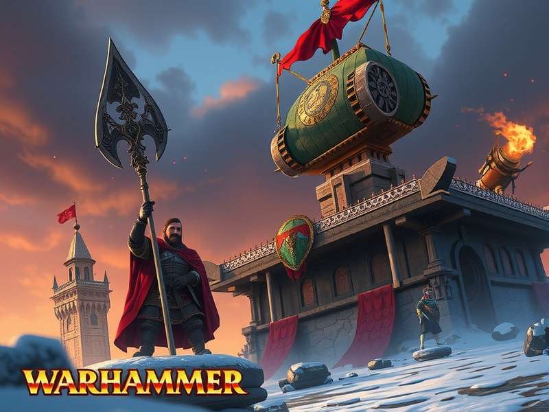 Epic battle scene from a Warhammer strategy game showcasing armies clashing