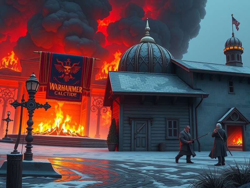 An epic battle scene between Space Marines and Tyranids on a ruined cityscape