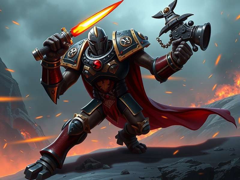 An Imperial Warlord Titan striding through a ruined city, its volcano cannon glowing with power