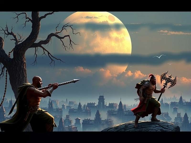 Epic battle scene from Warhammer Fantasy with Empire soldiers facing Chaos warriors