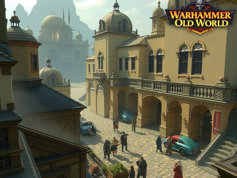 A detailed diorama of an Empire army facing a Greenskin horde, showcasing classic Warhammer Fantasy miniatures