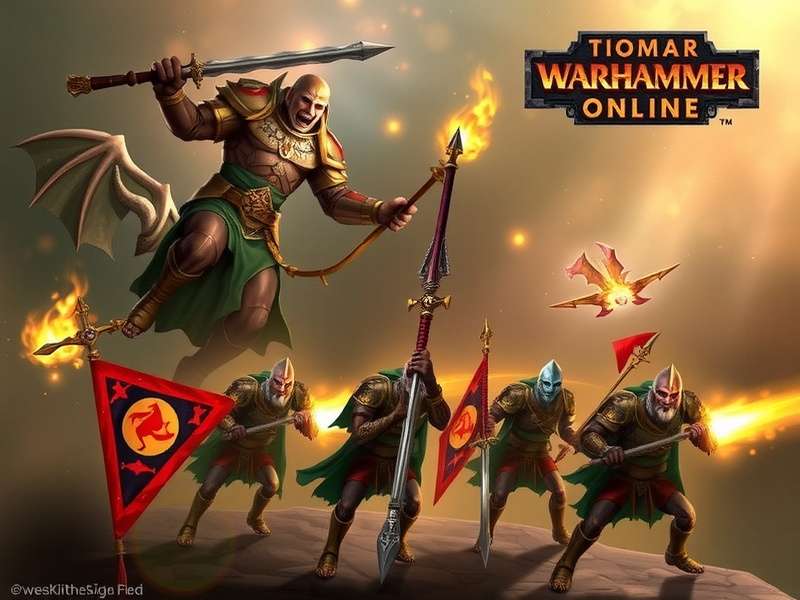 Concept art of a massive battle in Warhammer Online, showing warriors of Order and Destruction clashing