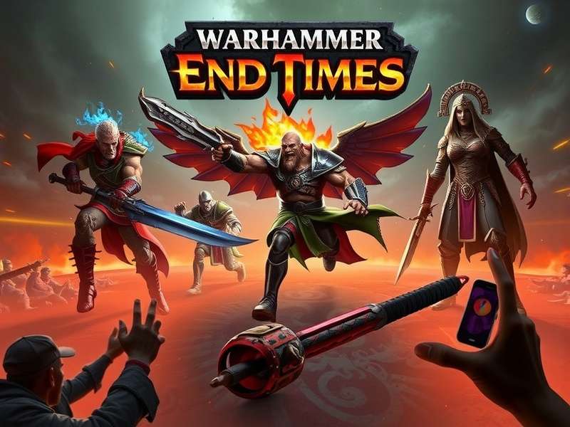 Epic battle scene from Warhammer End Times with Chaos warriors and Empire soldiers clashing