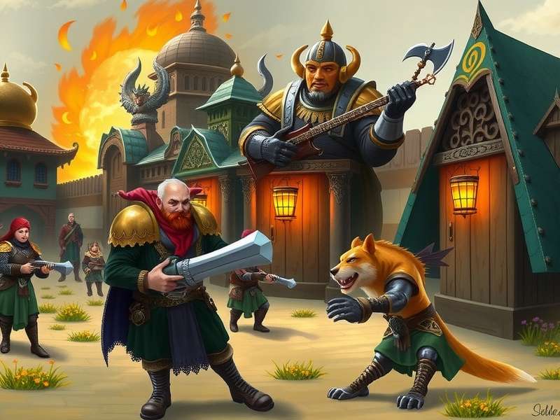 A vibrant scene of a diverse Games Workshop community playing Warhammer 40,000 and Age of Sigmar