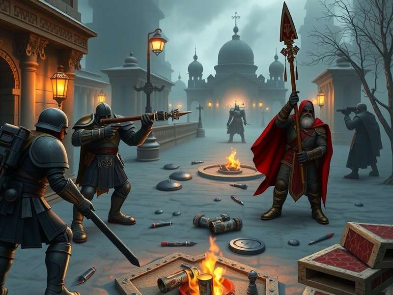 A diverse group of Warhammer hobbyists painting miniatures together in a well-lit workshop