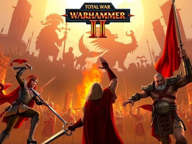 Epic battle scene from Total War Warhammer II showing High Elves clashing with Dark Elves
