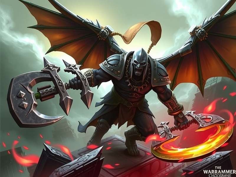 Four heroes of Warhammer Chaosbane battling a massive Bloodthirster of Khorne in a ruined city