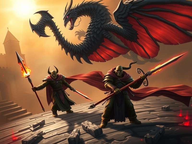 Dark fantasy battle scene with ominous lighting, reminiscent of Warhammer Dark Omen's aesthetic