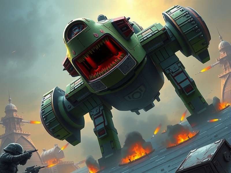 A Space Marine Dreadnought unleashing firepower on a chaotic battlefield