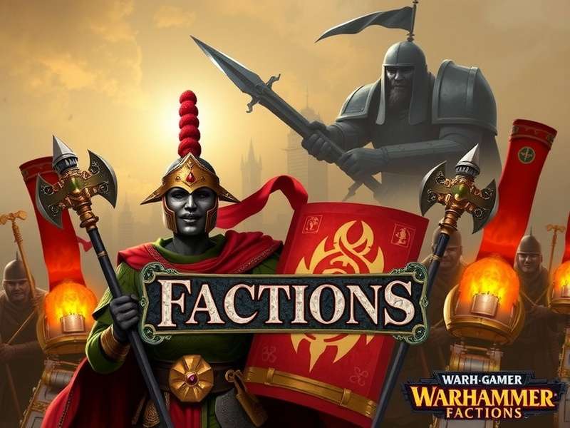 A diorama showing a clash between Space Marines, Orks, and Necrons on a ruined battlefield