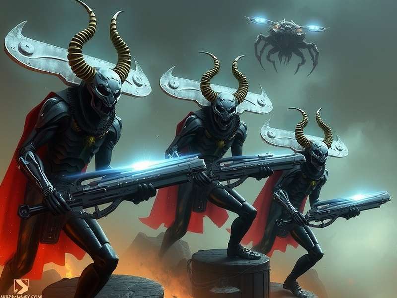 A vast army of Necron Warriors emerging from a tomb world, glowing green energy coursing through their metallic bodies.