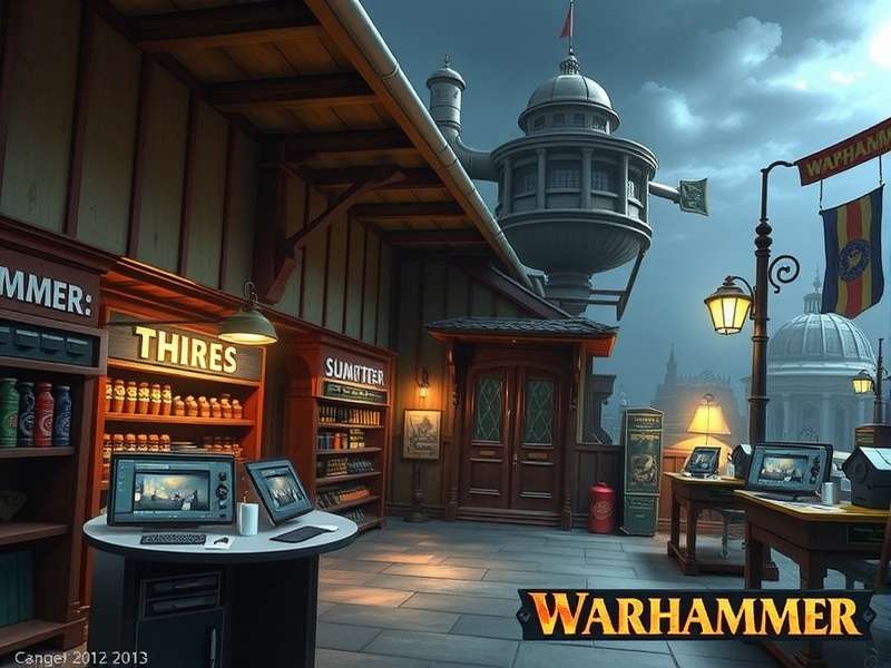 Interior of a Warhammer store showcasing miniatures, paints, and gaming tables