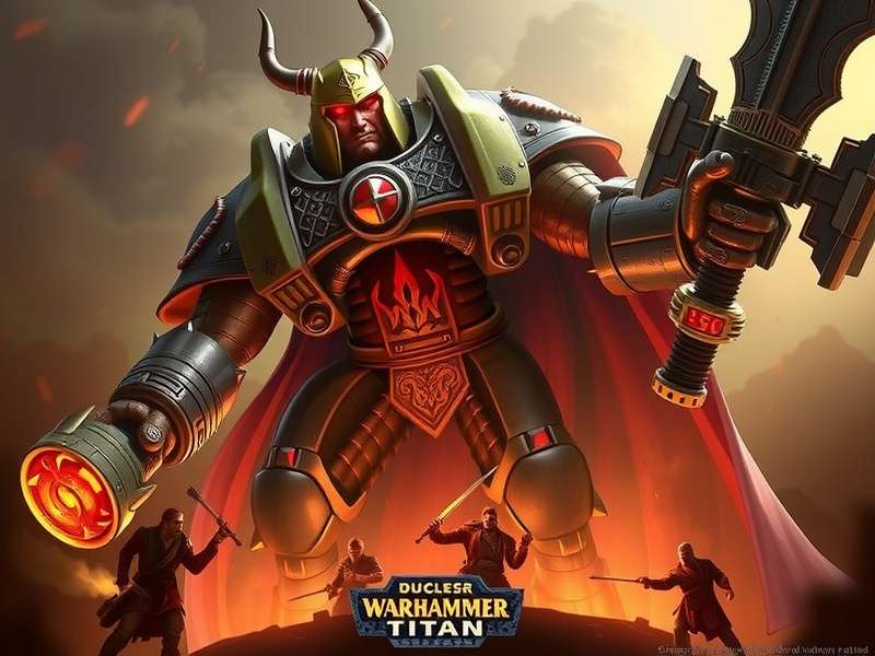 A Warlord-class Warhammer Titan unleashing its volcano cannon on a chaotic landscape
