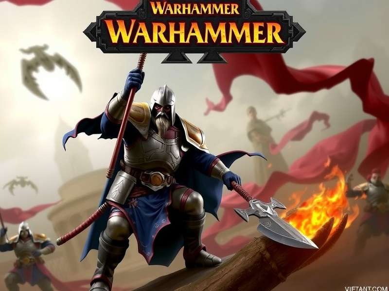 Warhammer 40,000 miniatures on a detailed battlefield with dramatic lighting