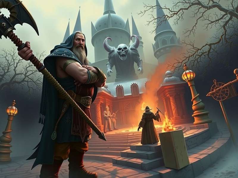 Dark fantasy catacombs with glowing runes, reminiscent of a Warhammer secret level