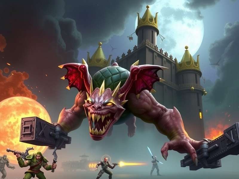 An Imperial Warlord Titan strides through a war-torn cityscape, its volcano cannon firing.