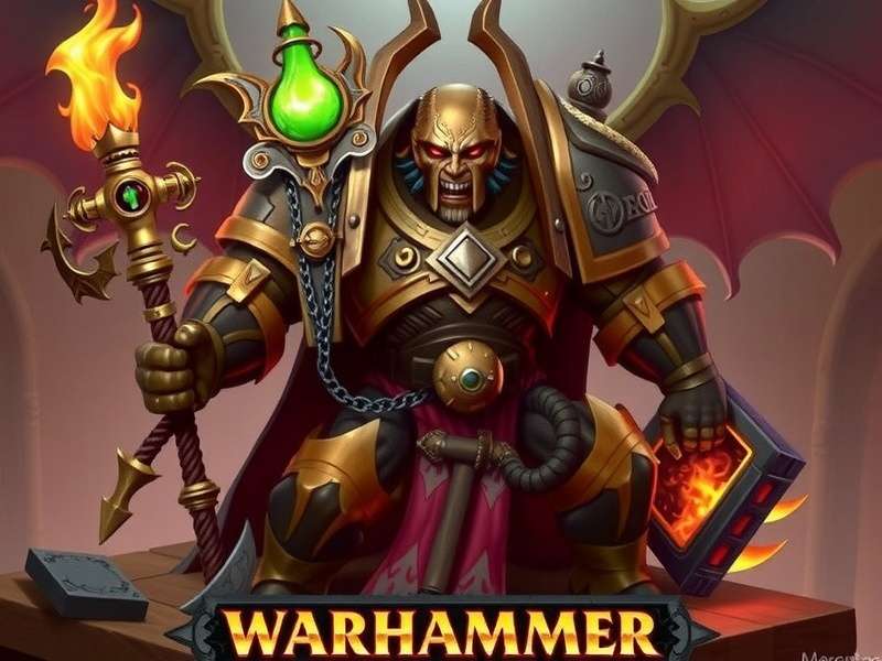 A curated display of Warhammer merchandise including miniatures, books, apparel and collectibles arranged on a wooden shelf