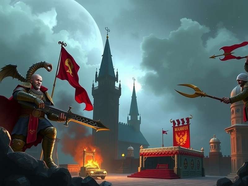 Epic Warhammer tabletop battle scene with painted miniatures and terrain