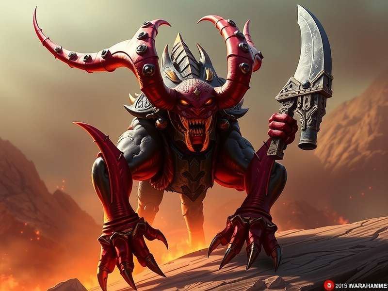 A vast Tyranid swarm of chitinous warriors advancing under a crimson sky