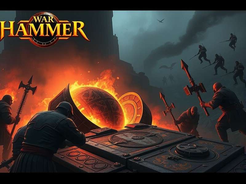 A massive Warhammer tabletop battle featuring Space Marines, Orks, and sprawling terrain under dramatic lighting