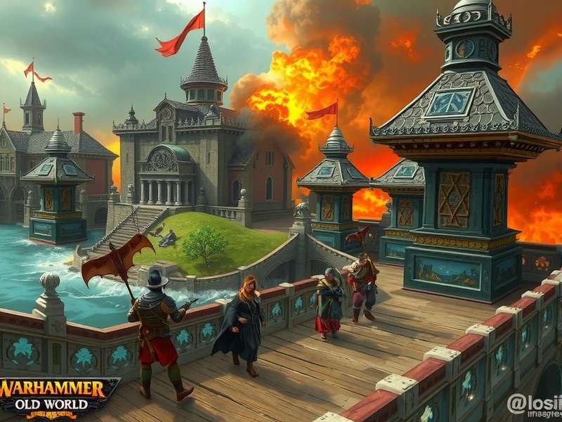 Epic Warhammer Old World battlefield with miniature armies