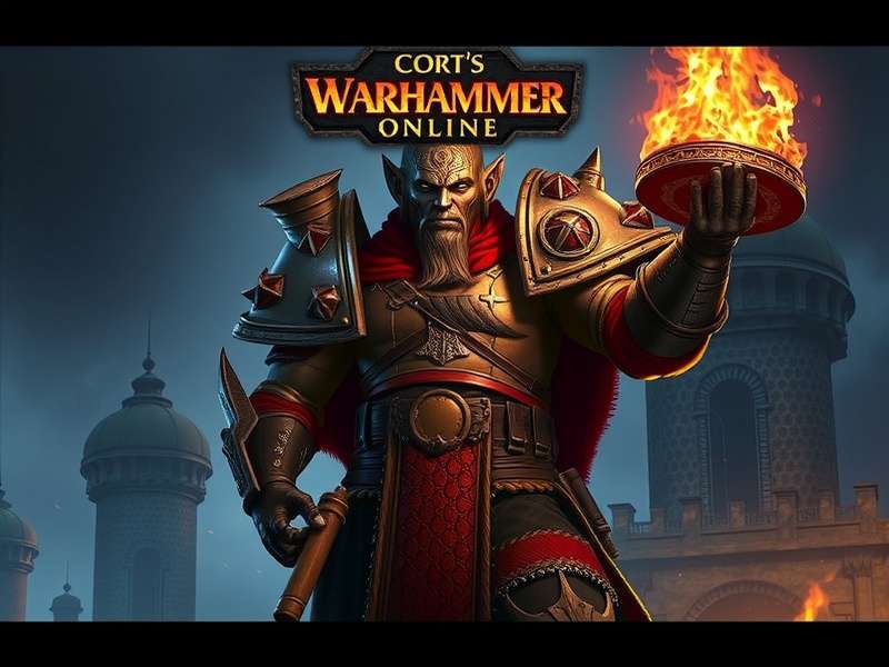 Epic Warhammer Online battlefield with Chaos forces and Order defenders clashing under a crimson sky