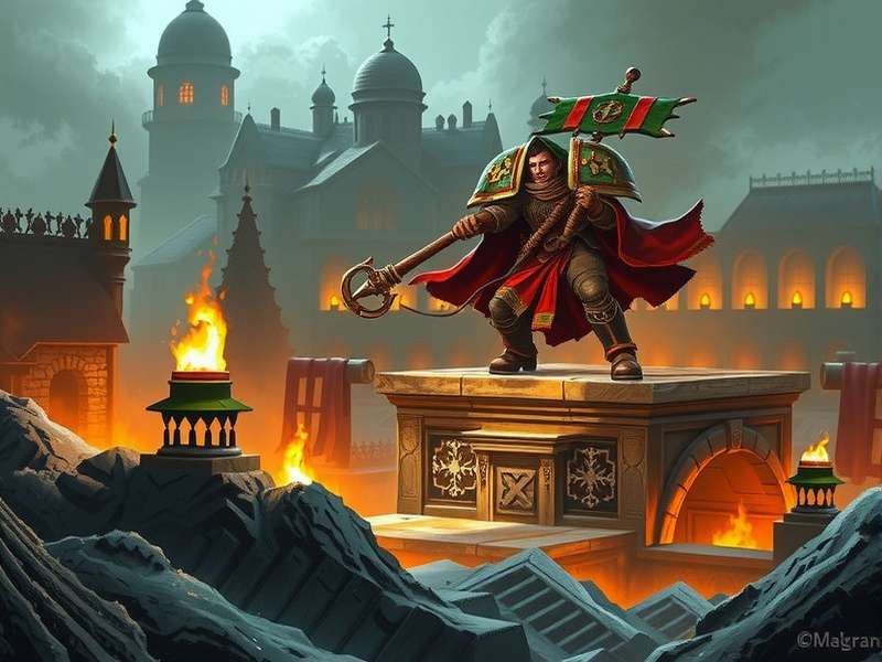 Epic Warhammer tabletop battle scene with painted miniatures and terrain