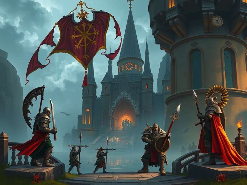 Epic Warhammer Fantasy battle scene with knights and monsters clashing on a misty battlefield