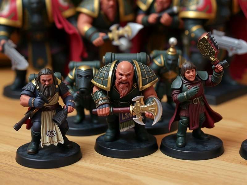 A display of hand-painted Warhammer figures including Space Marines, Necrons, and Orks on a themed battlefield.