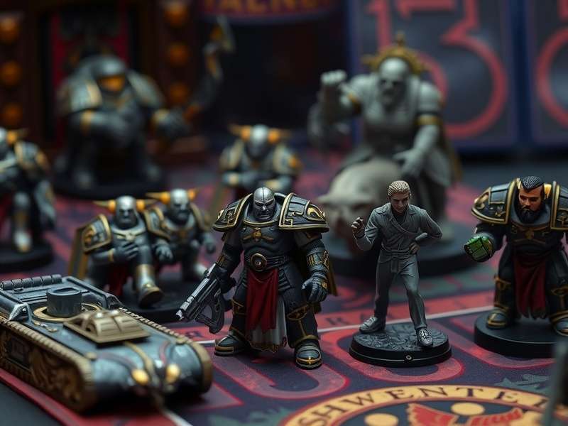 A diverse collection of Warhammer figurines including Space Marines, Necrons, and Stormcast Eternals displayed on a gaming table with detailed terrain.