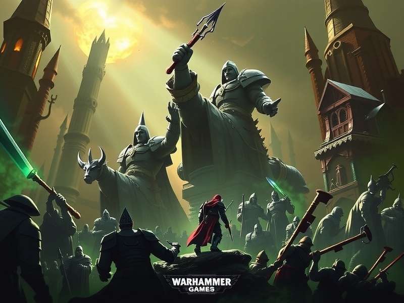 Epic Warhammer tabletop battlefield with painted miniatures and terrain